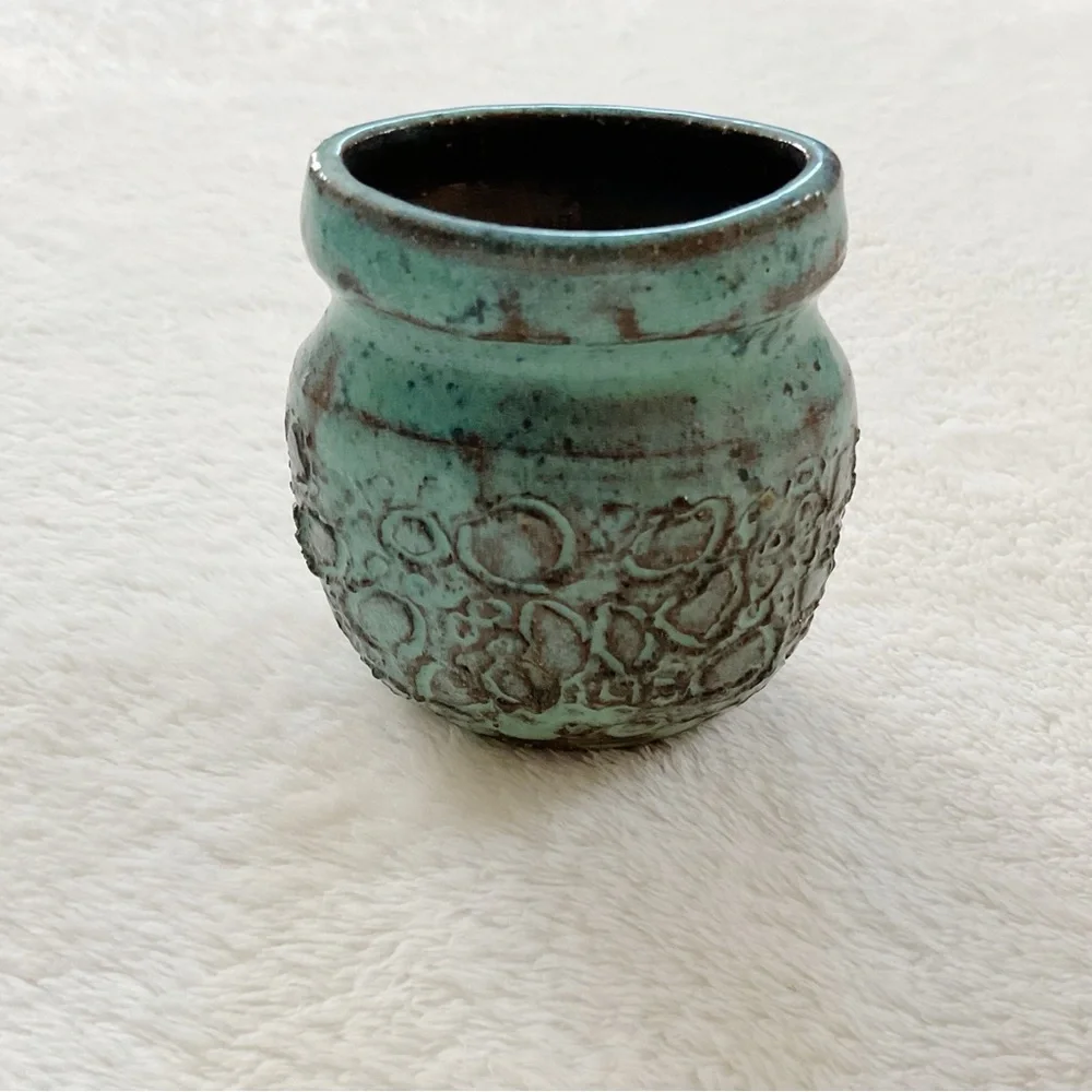 Signed Studio Pottery Bud Vase Pair Turquoise Drip Glaze Handmade